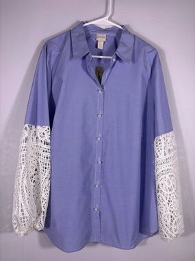 NWT Chico’s Blue Pearl Button Down Shirt White Lace Sleeves XL